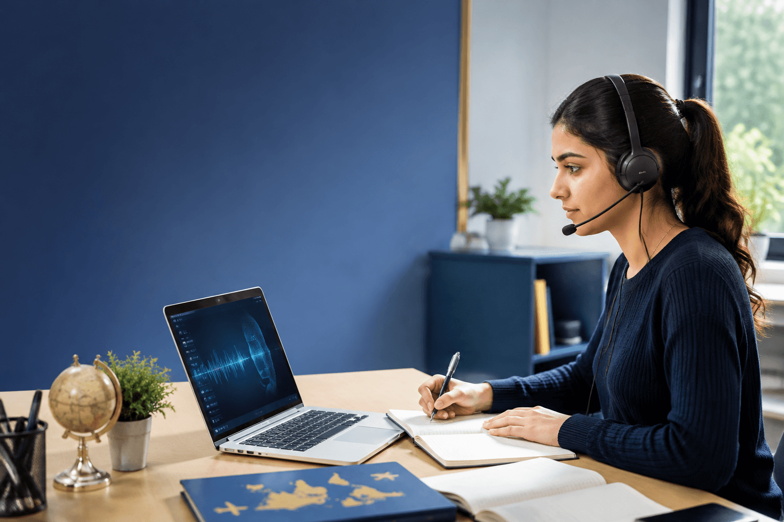 Student practicing a computer-based English speaking test with AI-assisted study tools